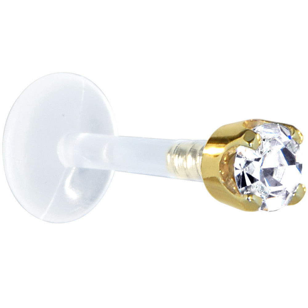 16G 1/4 Solid 14K Yellow Gold 3mm Clear Cubic Zirconia Bioplast Tragus Earring Stud