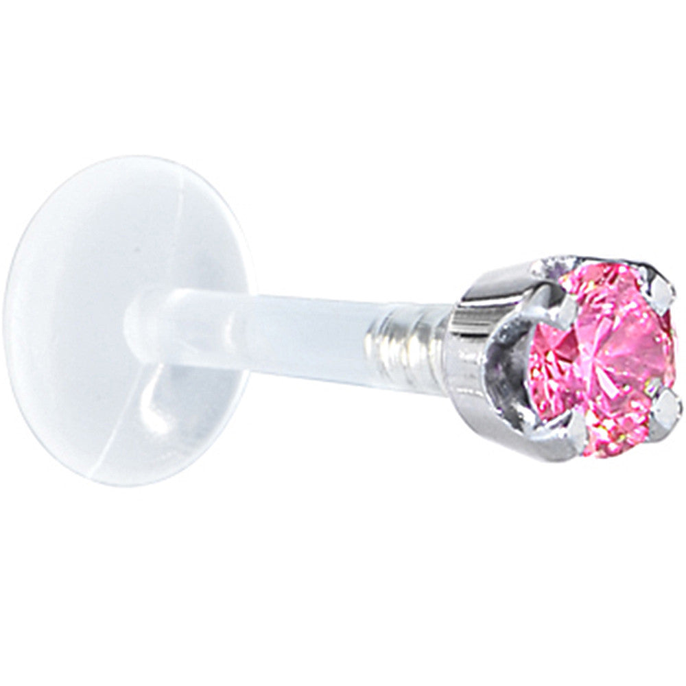 16G 1/4 Solid 14K White Gold 3mm Pink Cubic Zirconia Bioplast Tragus Earring Stud
