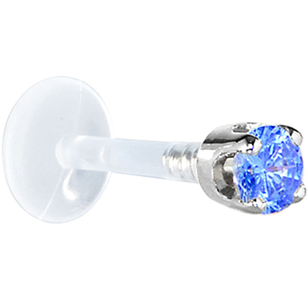 16G 1/4 Solid 14K White Gold 3mm Arctic Blue Cubic Zirconia Bioplast Tragus Earring Stud