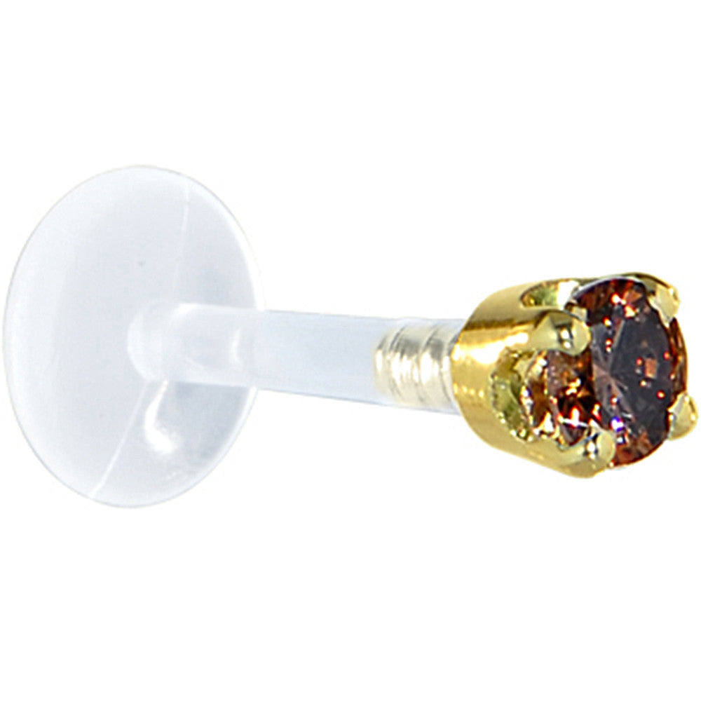 16G 1/4 Solid 14K Yellow Gold 3mm Brown Cubic Zirconia Bioplast Tragus Earring Stud