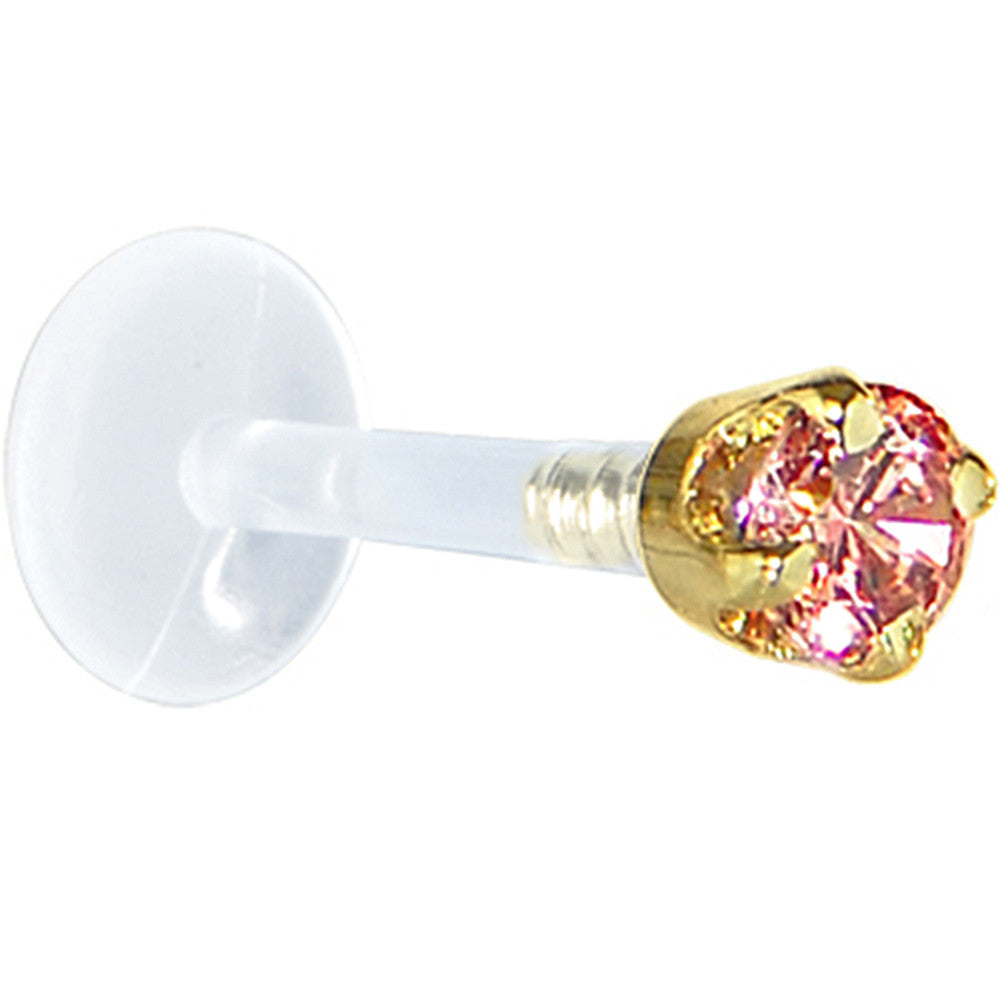 16G 1/4 Solid 14K Yellow Gold 3mm Salmon Cubic Zirconia Bioplast Tragus Earring Stud