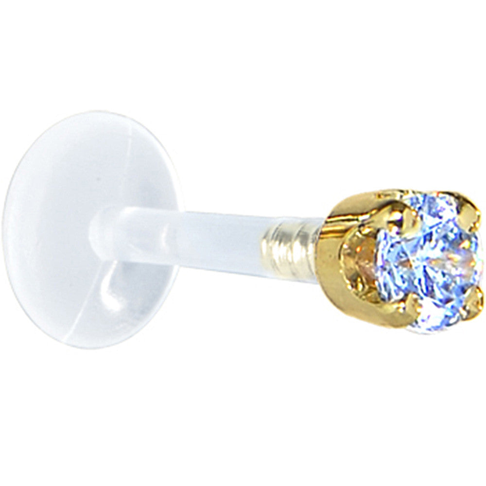 16G 1/4 Solid 14K Yellow Gold 3mm Plexi Blue Cubic Zirconia Bioplast Tragus Earring Stud