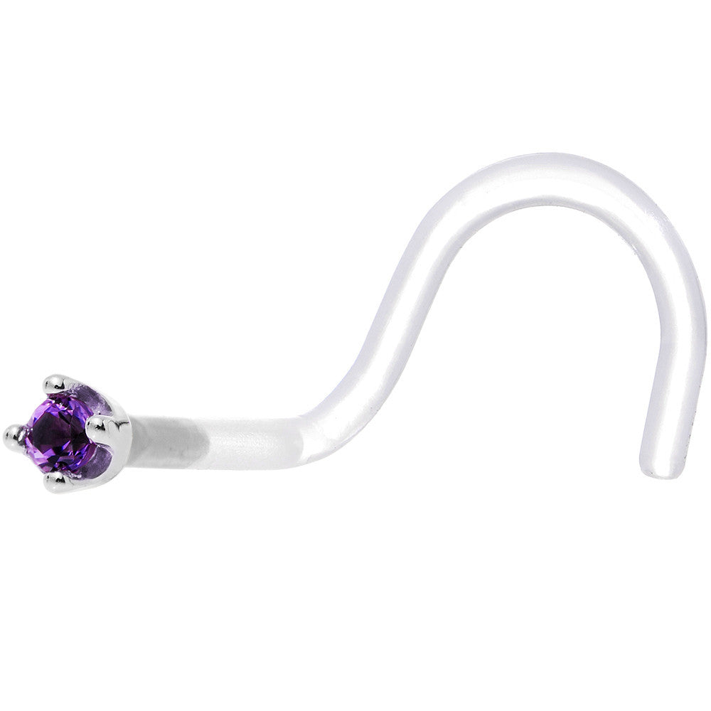 18G 1/4 White Gold 1.5mm Genuine Amethyst Bioplast Nose Ring