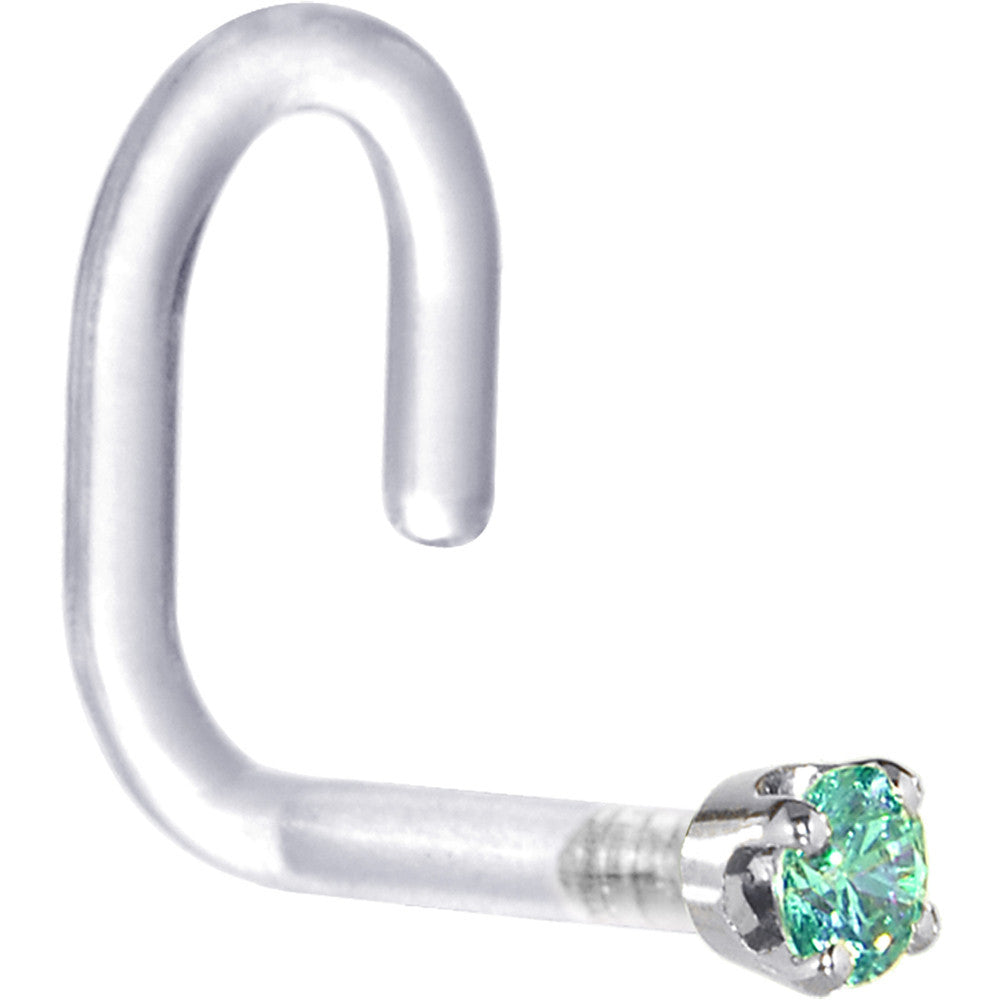 18G 1/4 White Gold 1.5mm Mint Green Cubic Zirconia Bioplast Nose Ring