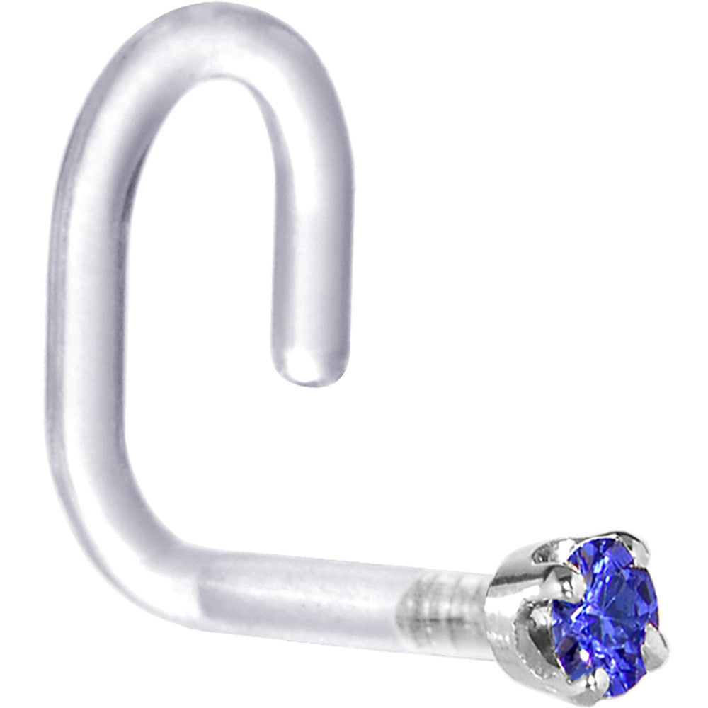 18G 1/4 White Gold 1.5mm Blue Cubic Zirconia Bioplast Nose Ring
