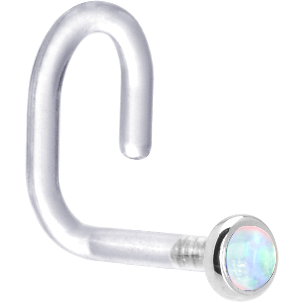 18G 1/4 White Gold 2mm White Synthetic Opal Bioplast Nose Ring