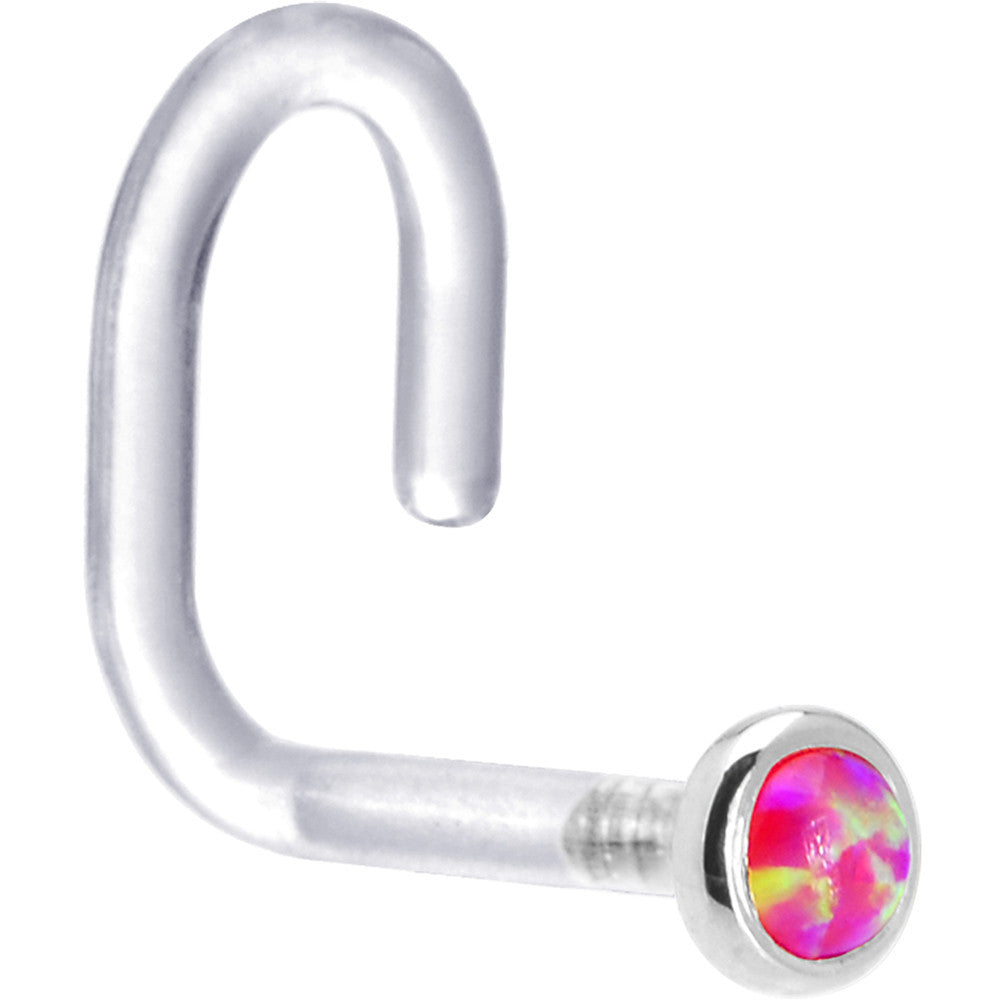 18G 1/4 White Gold 2mm Brilliant Pink Synthetic Opal Bioplast Nose Ring