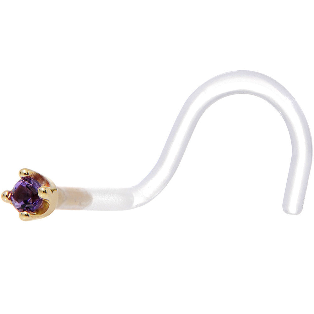 18G 1/4 Yellow Gold 1.5mm Genuine Amethyst Bioplast Nose Ring