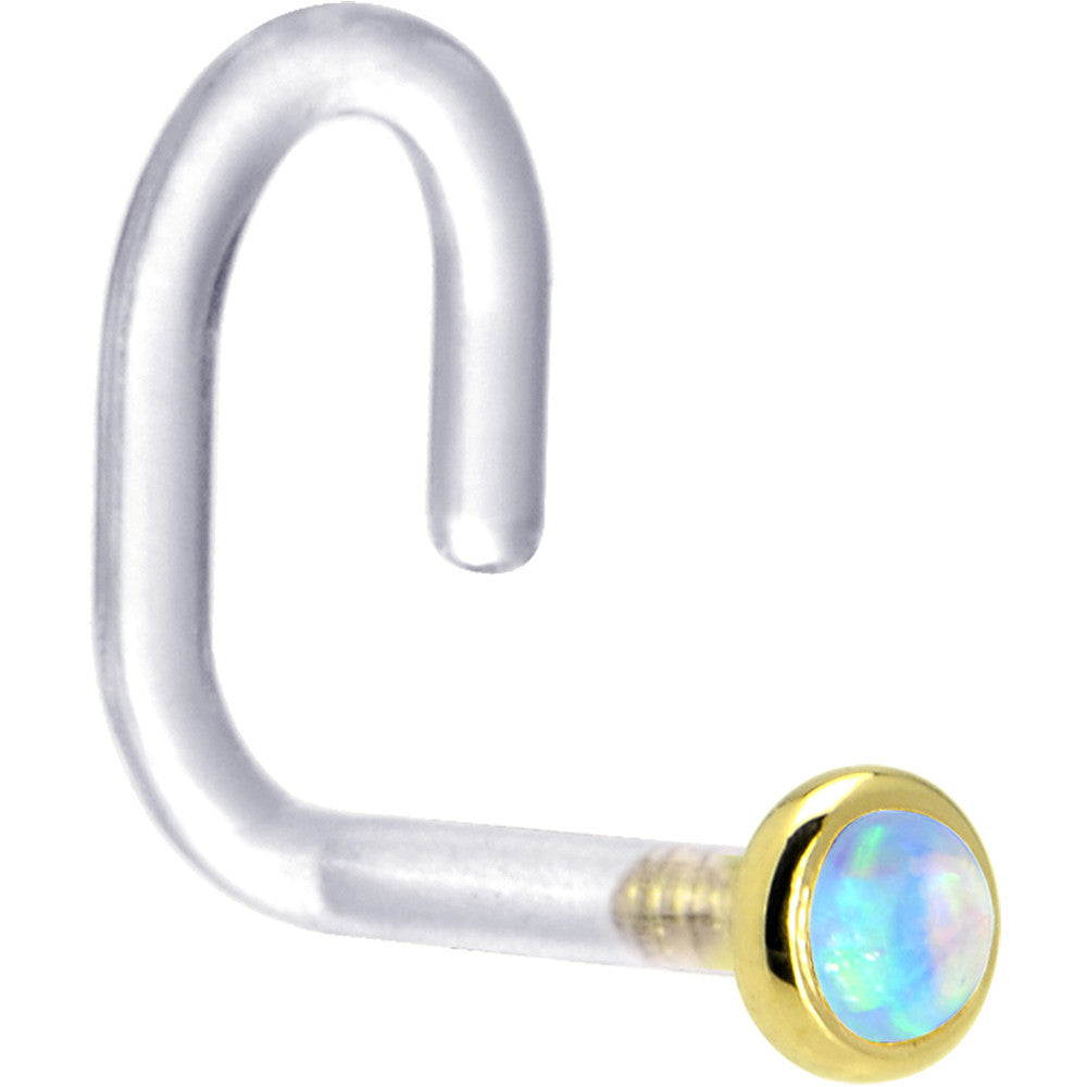 18G 1/4 Yellow Gold 2mm Light Blue Synthetic Opal Bioplast Nose Ring