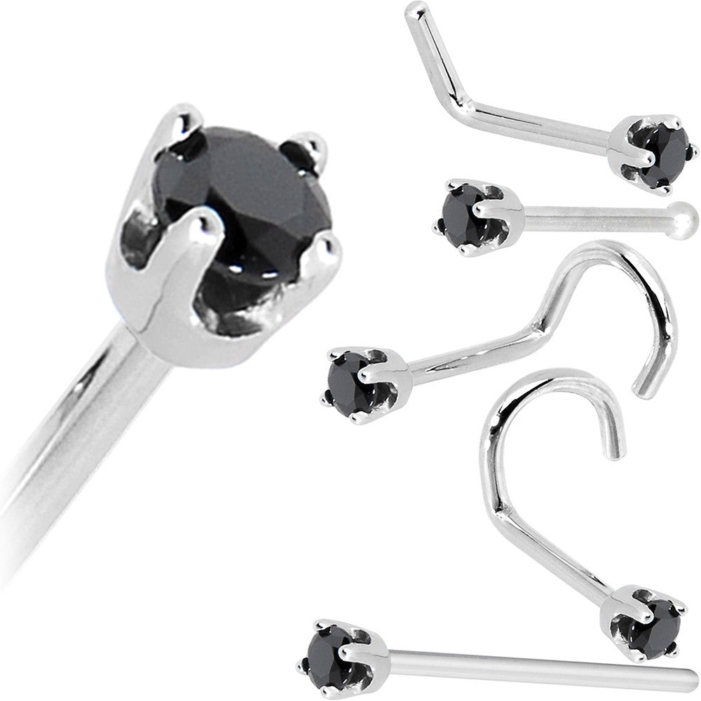 Solid 14K White Gold 2mm Black Cubic Zirconia Nose Ring