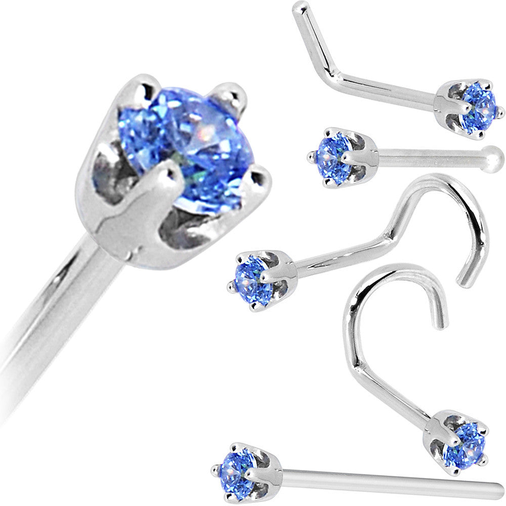 Solid 14K White Gold 2mm Arctic Blue Cubic Zirconia Nose Ring