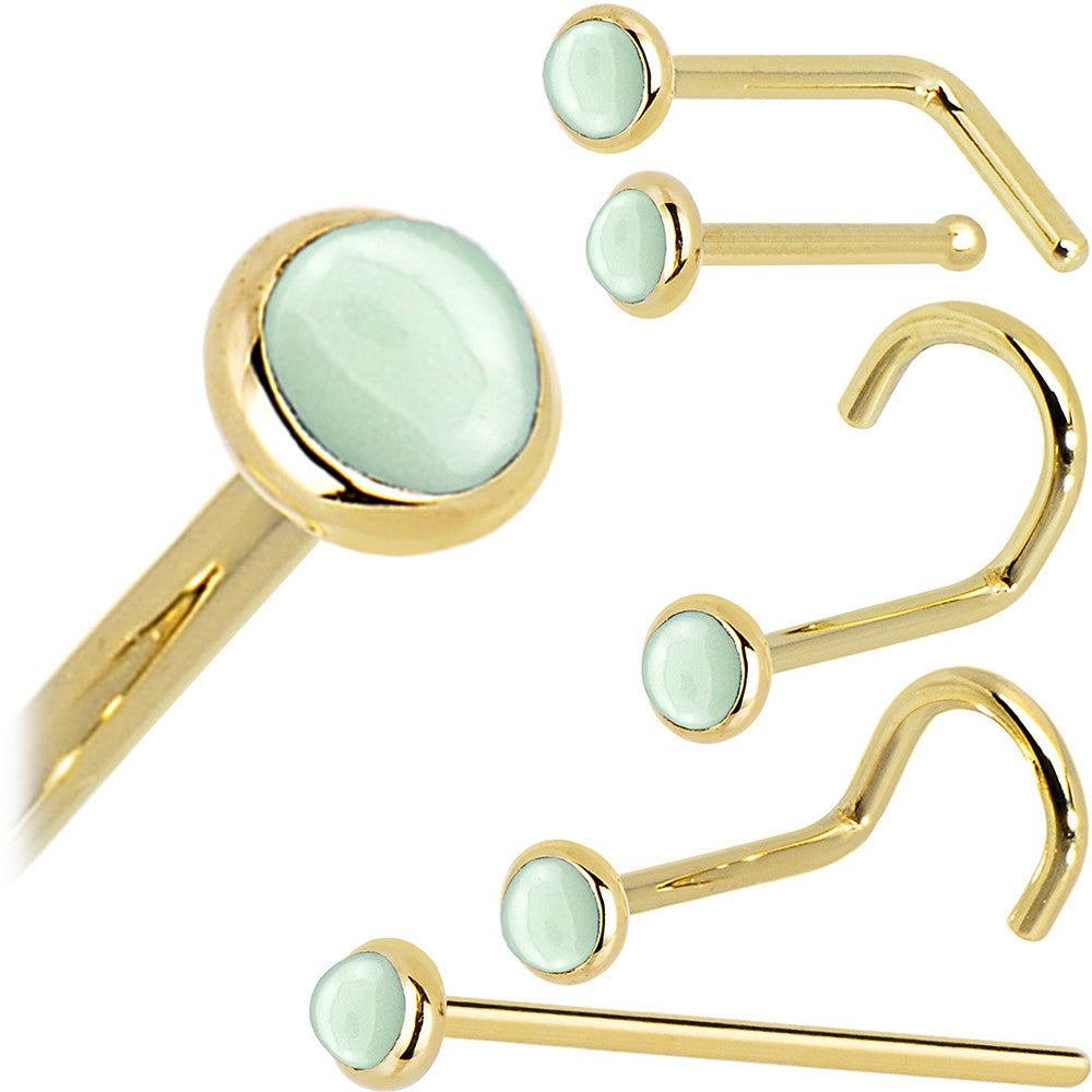 Solid 14K Yellow Gold 2mm Aventurine Quartz Nose Ring