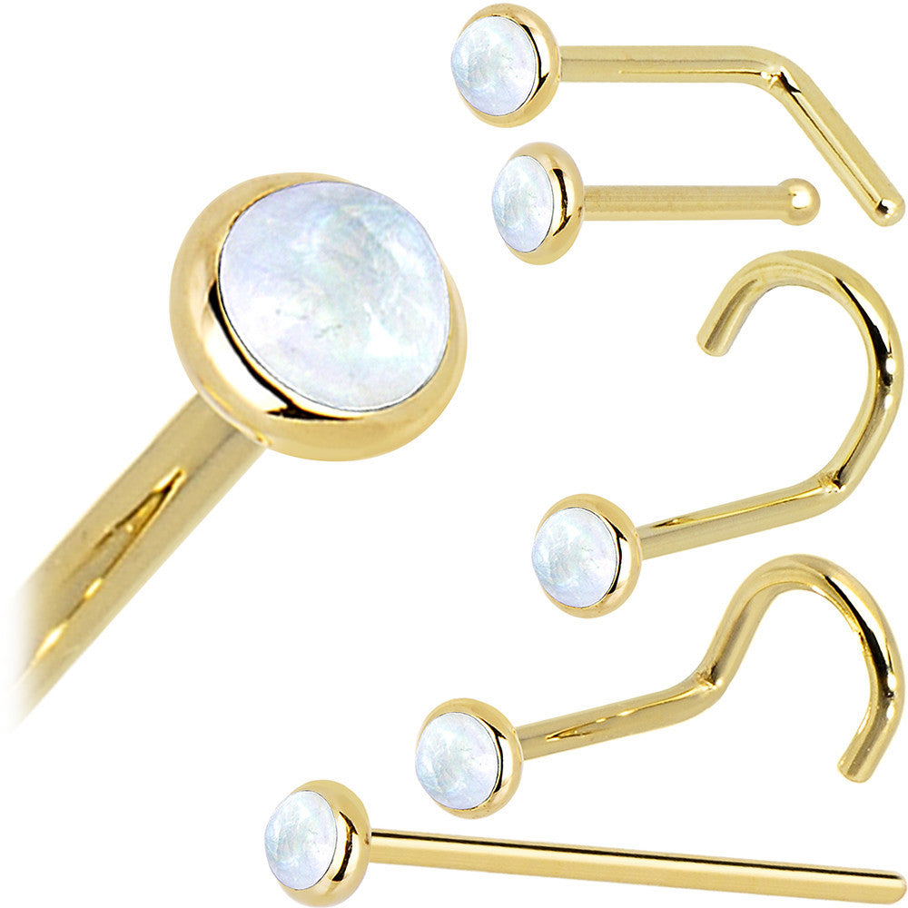 Solid 14K Yellow Gold 2mm Rainbow Moonstone Nose Ring