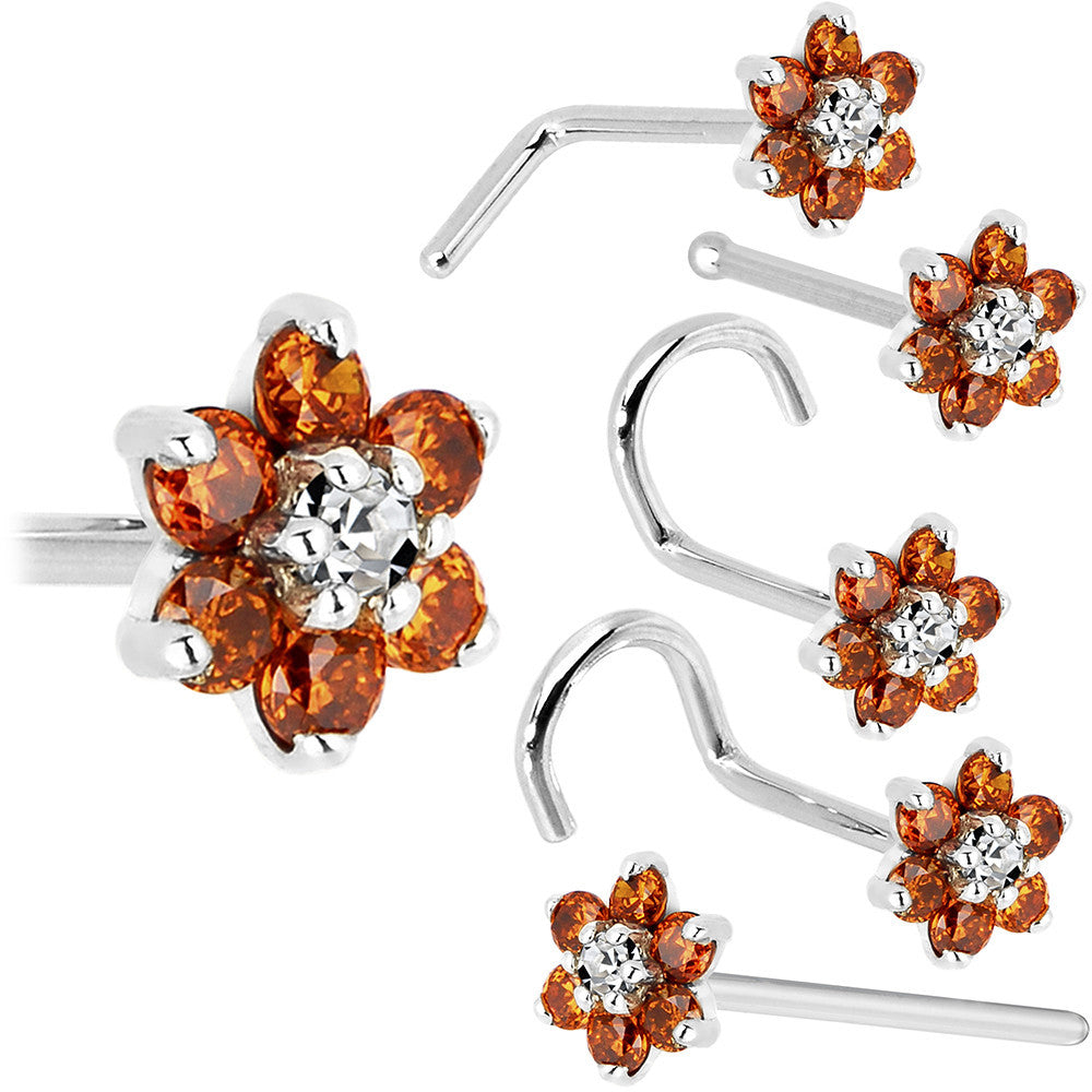 Solid 14K White Gold Orange and Clear Cubic Zirconia Flower Nose Ring