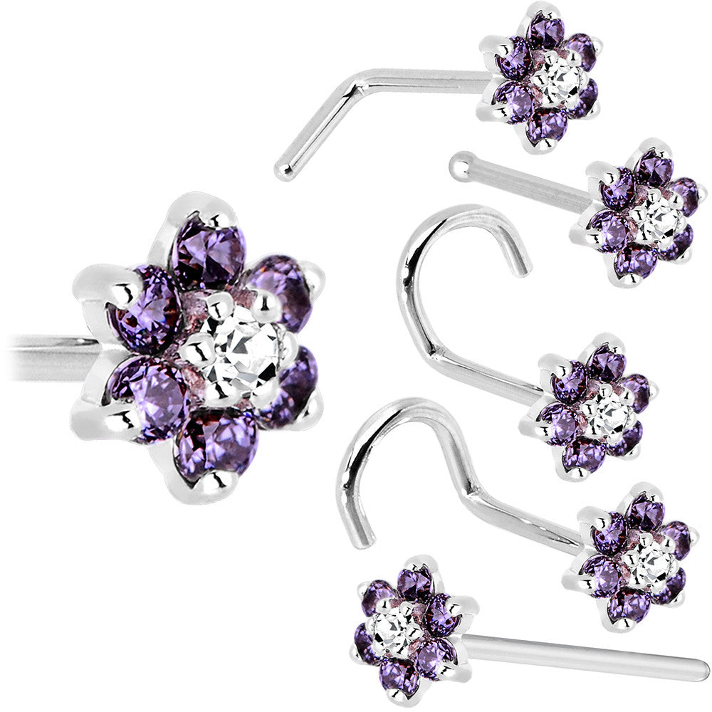 Solid 14K White Gold Amethyst and Clear Cubic Zirconia Flower Nose Ring