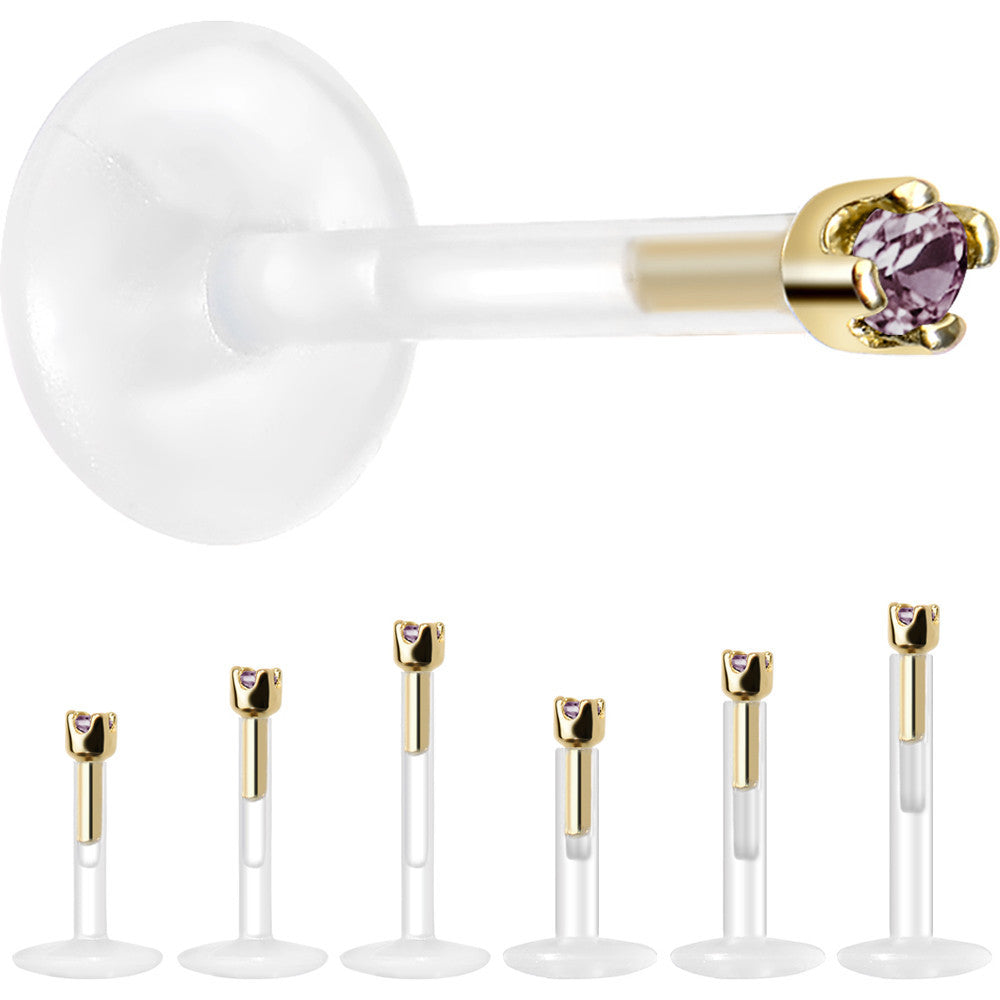 Solid 14K Yellow Gold June 1.5mm CZ Bioplast Push in Labret Monroe