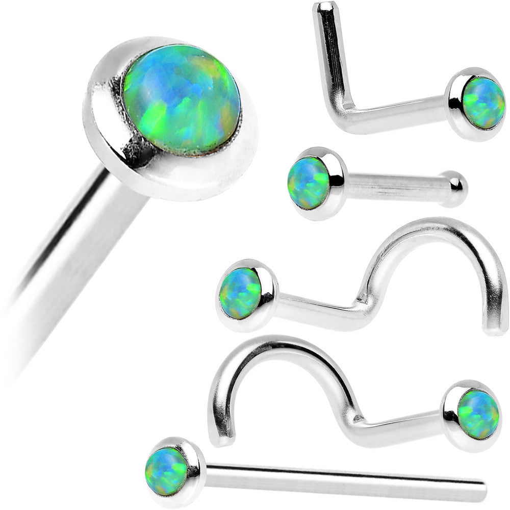 14k White Gold 2mm Lime Synthetic Opal Nose Ring