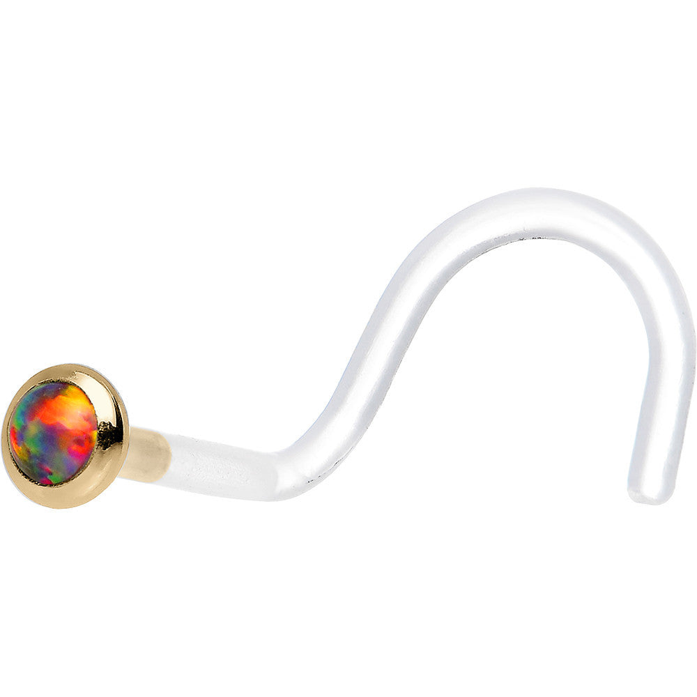 18G Yellow Gold 2mm Fire Red Synthetic Opal Bioplast Nose Ring