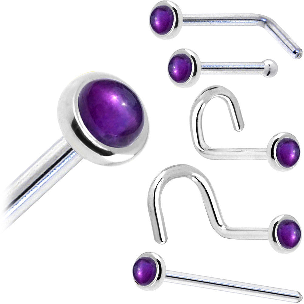 Solid 14K White Gold 2mm Genuine Amethyst Nose Ring