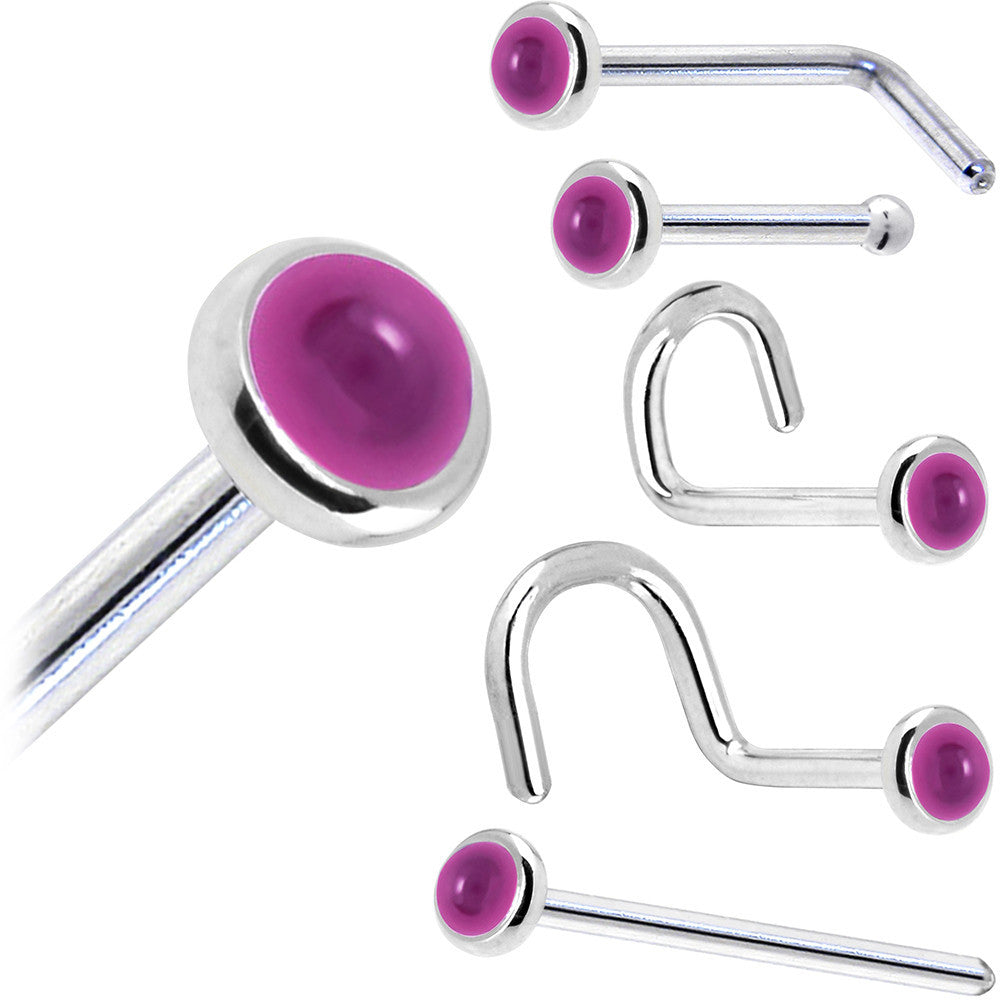 Solid 14K White Gold 2mm Genuine Pink Garnet Nose Ring