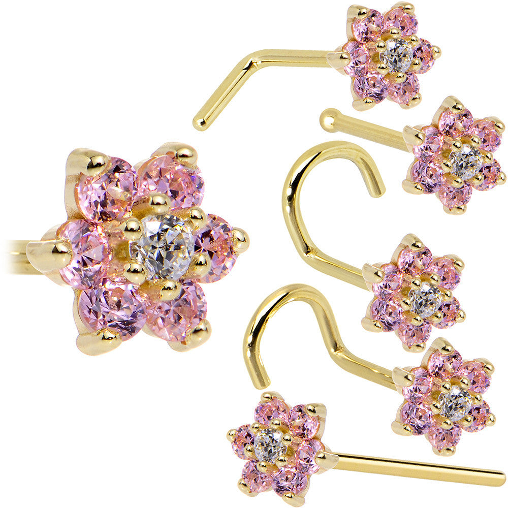 Solid 14K Yellow Gold Pink and Clear Cubic Zirconia Flower Nose Ring
