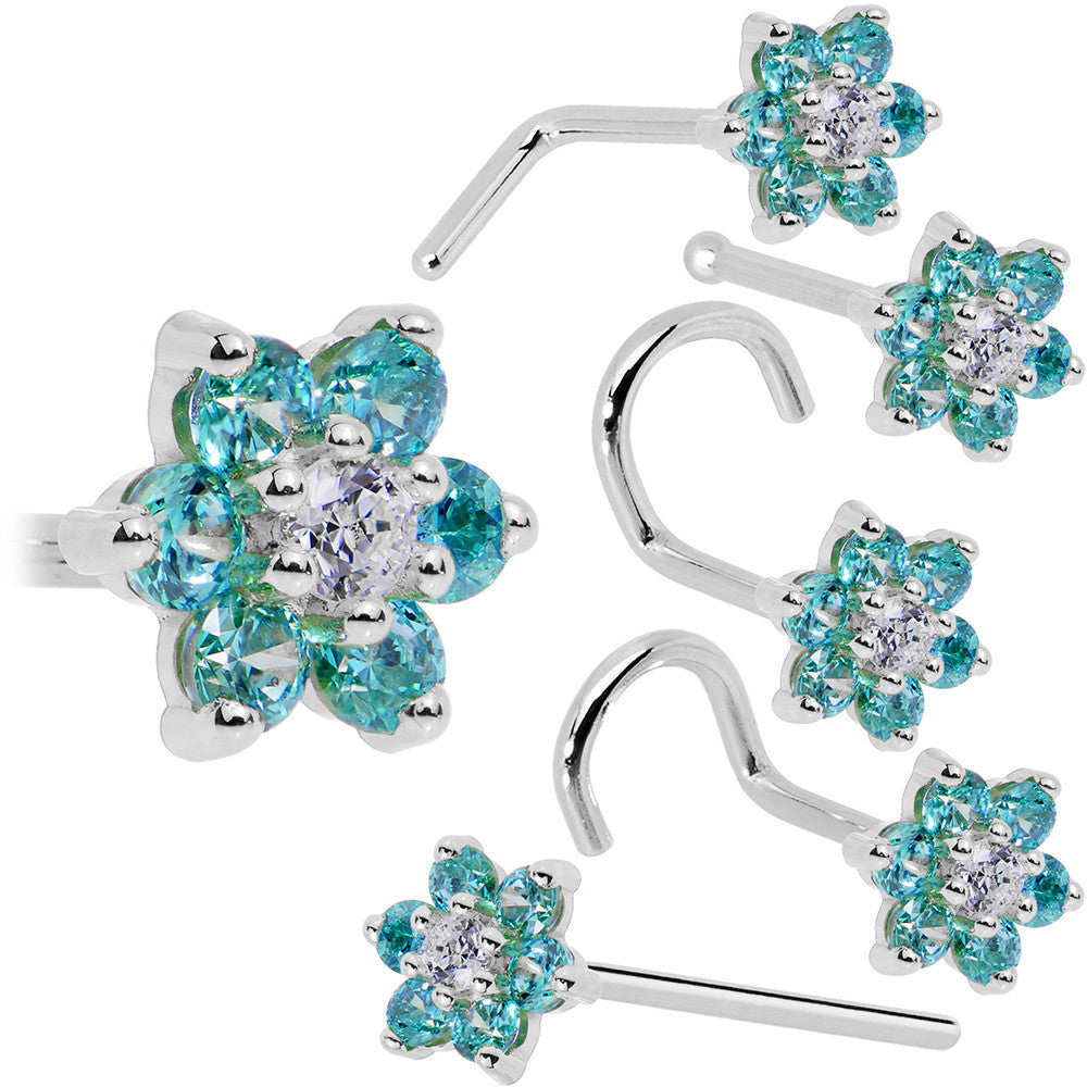 Solid 14K White Gold Mint Green and Clear Cubic Zirconia Flower Nose Ring