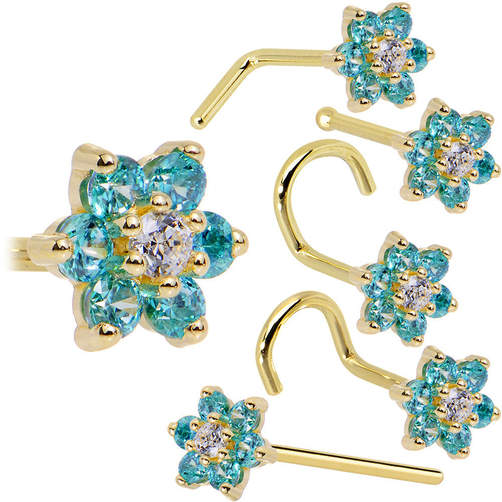Solid 14K Yellow Gold Mint Green and Clear Cubic Zirconia Flower Nose Ring
