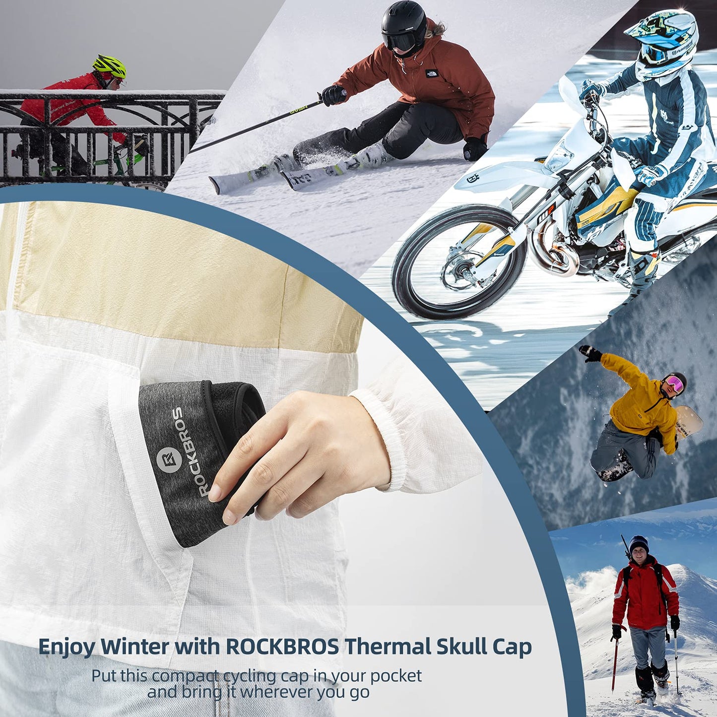 ROCKBROS Winter Skull Cap Helmet Liner, Thermal Cycling Beanie with Glasses Holes