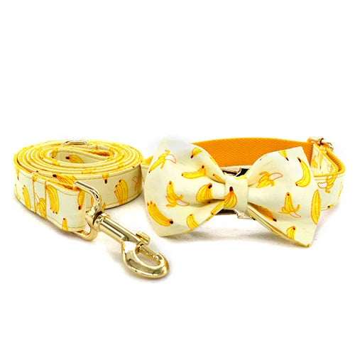 Free Engrave Personalized Banana Design Bow Dog Collar Leash Traction Rope For Small Big Adjustable Pet Straps Fruit 02