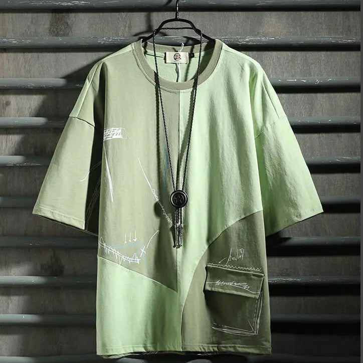 Old style hip hop fashion men's short sleeve T-shirt color matching style tooling 5-sleeve men's T-shirt