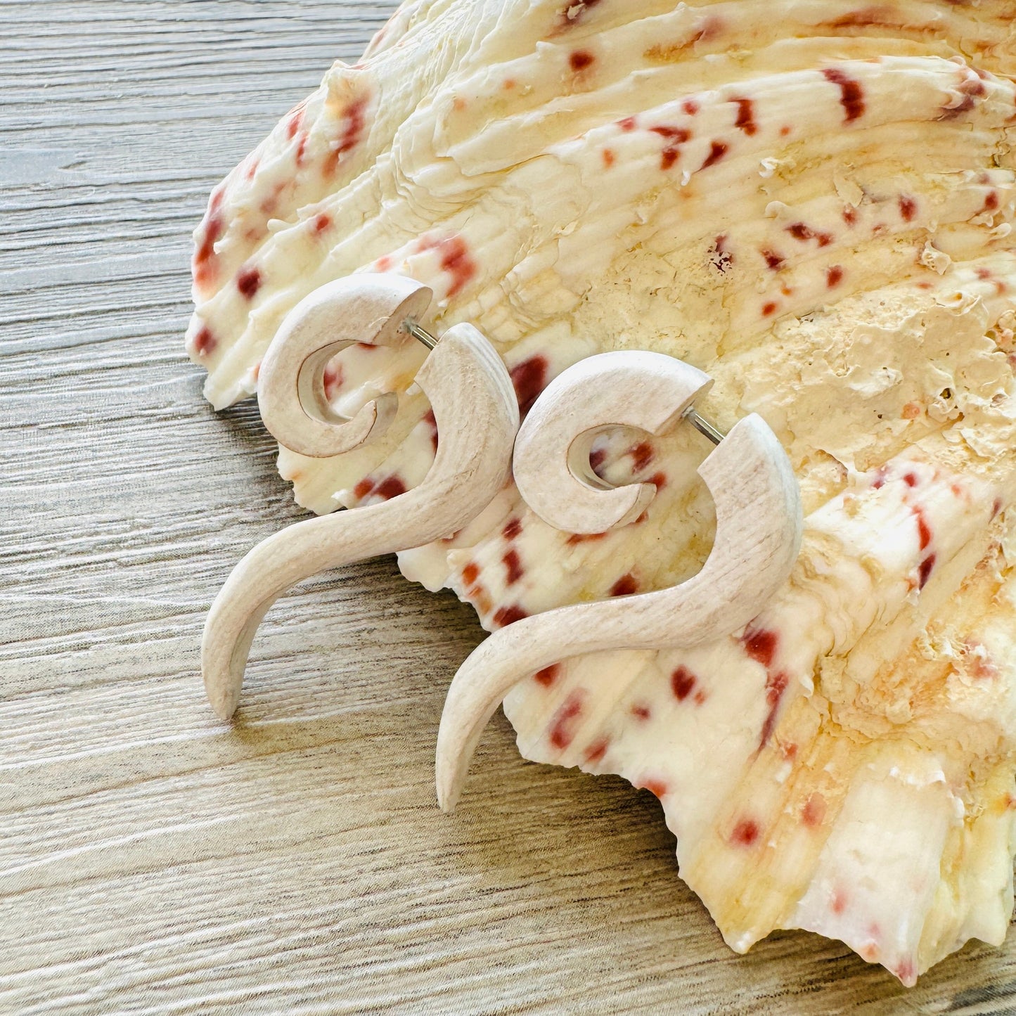 Wooden spiral earring organic jewelry rustic white color fake piercing