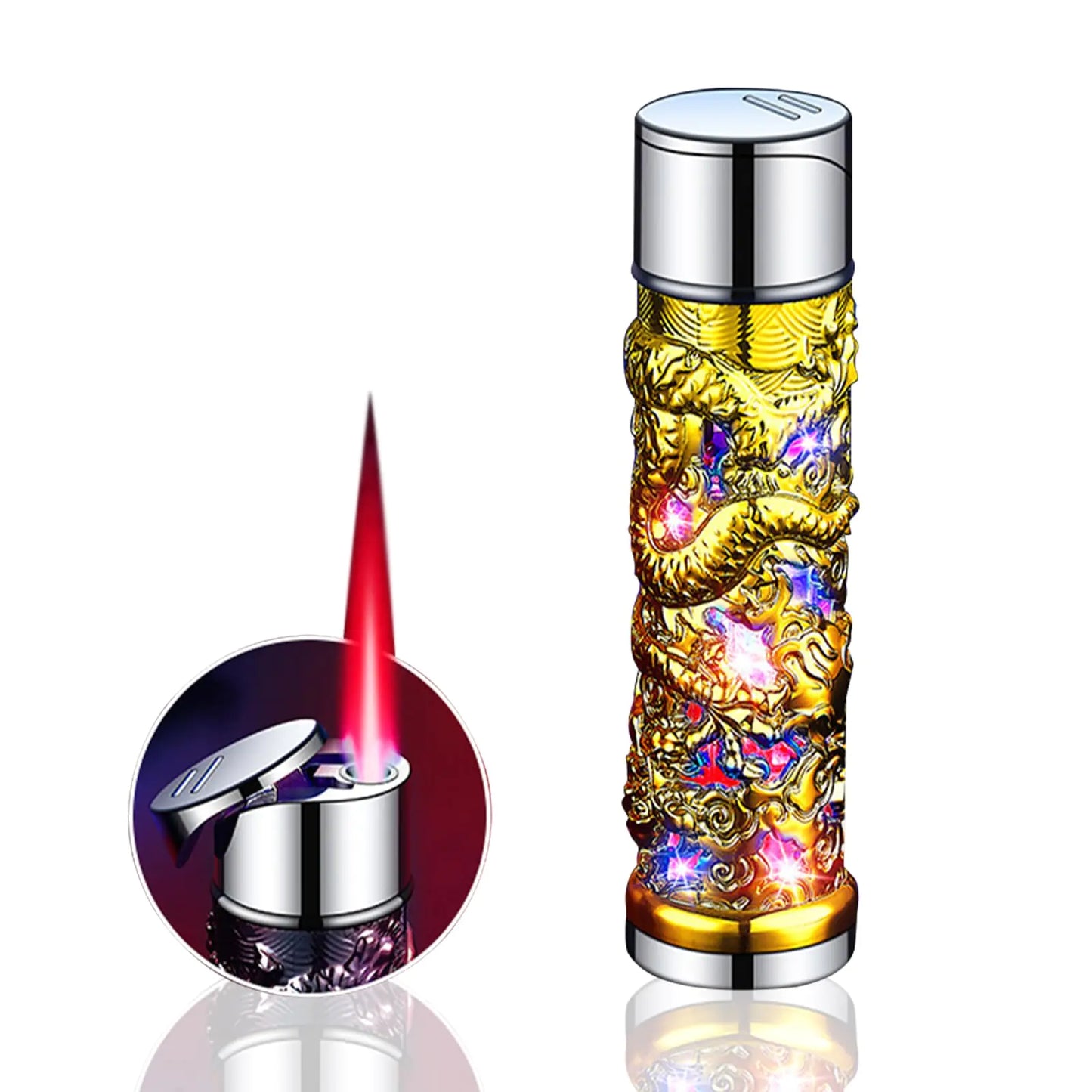Creative Shiny Dragon Torch Lighter Windproof Lighter Jet Red Flame Butane Lighter Adjustable Butane Torch Lighter Cool Lighter Unique Mens Lighter Womens Lighter (No Gas) (Gold)