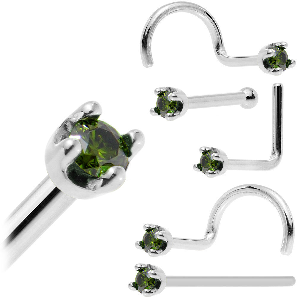 Solid 14K White Gold 1.5mm Genuine Green Diamond Nose Ring