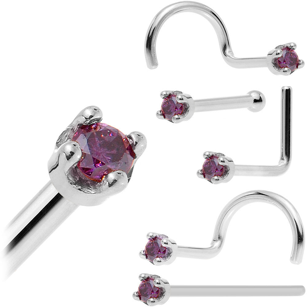Solid 14K White Gold 1.5mm Genuine Purple Diamond Nose Ring