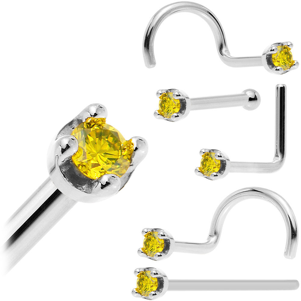 Solid 18K White Gold 1.5mm Genuine Yellow Diamond Nose Ring
