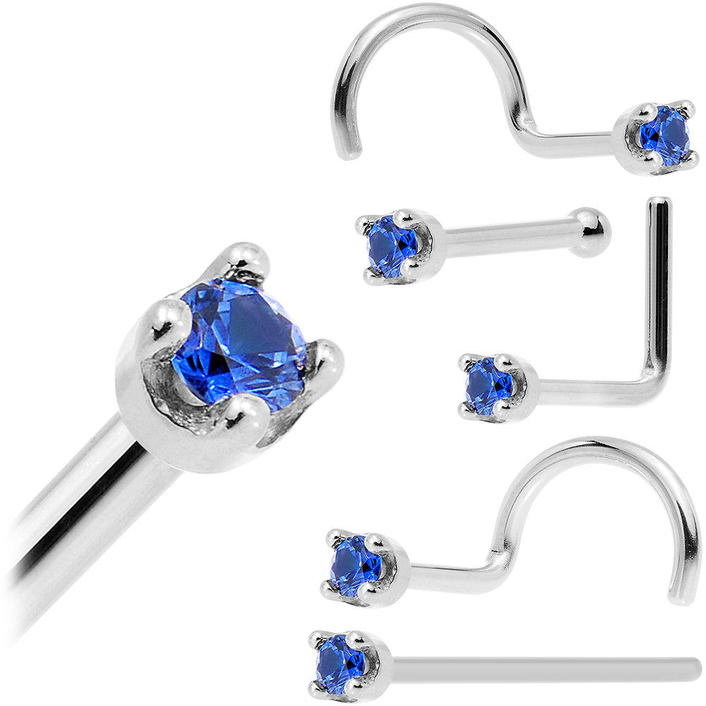 Solid 18K White Gold 1.5mm Genuine Blue Sapphire Nose Ring