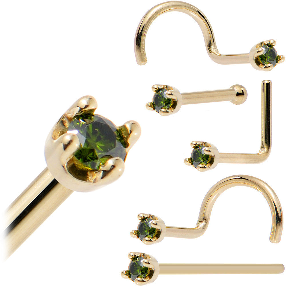 Solid 18K Yellow Gold 1.5mm Genuine Green Diamond Nose Ring