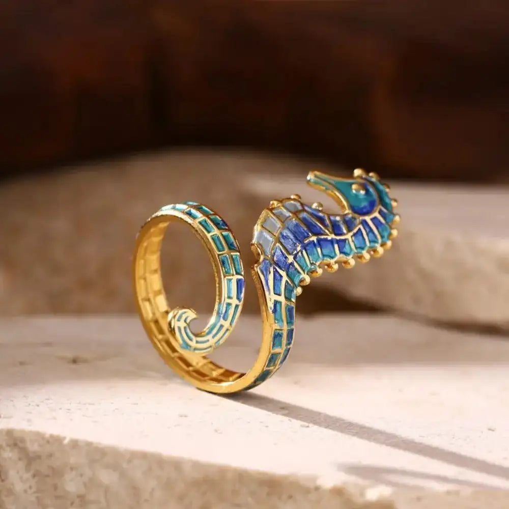 Elegant Gold Plated Stainless Steel Seahorse Ring Blue