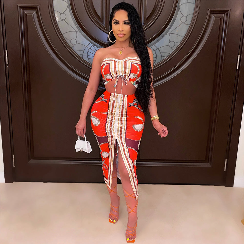 Sexy Pleating Split Wrapped Chest Two Piece Skirt Set