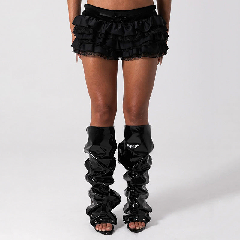 Sexy Street Sexy Skirt Solid Color Satin Stitching Multi Layer Tiered Dress Low Waist Skirt