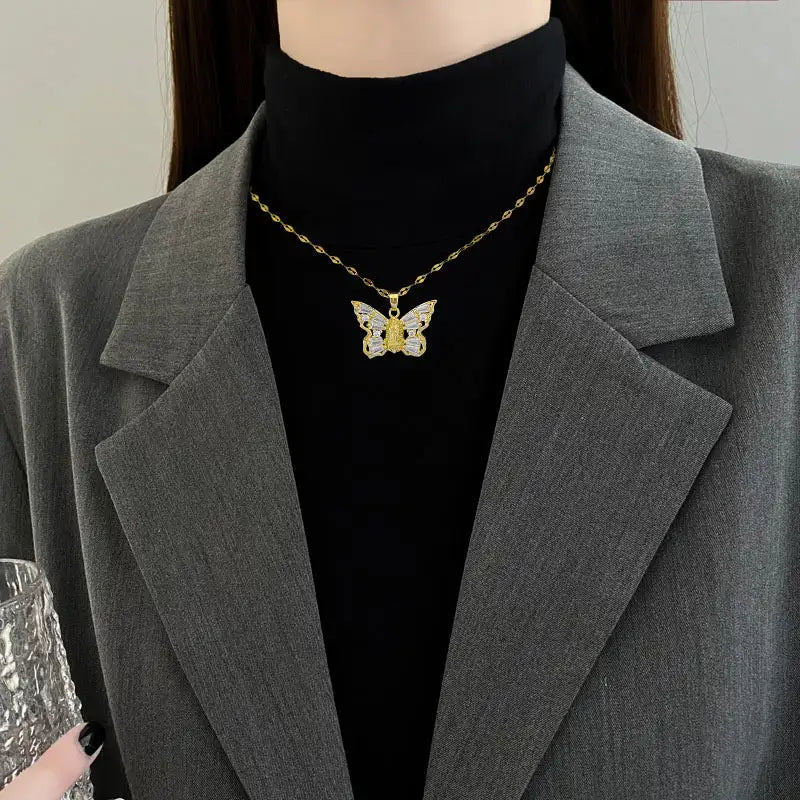 Titanium Steel Micro-inlaid Portrait Butterfly Zircon Necklace