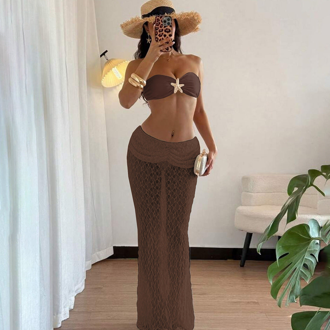 Summer Women Clothing Solid Color Sexy Lace up Tube Top Lace Maxi Skirt Two Piece Set for Women