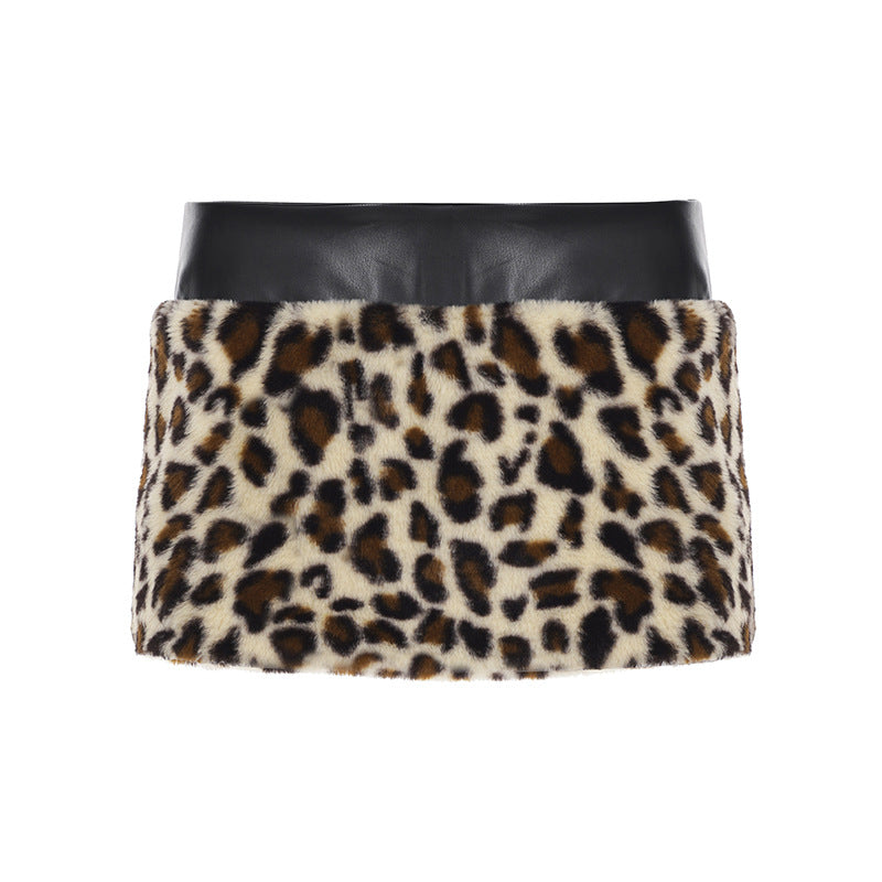 Women Clothing Two Piece Sets Leopard Fur Stitching Leather Tube Top Sexy Hip Skirt Two Piece Sets