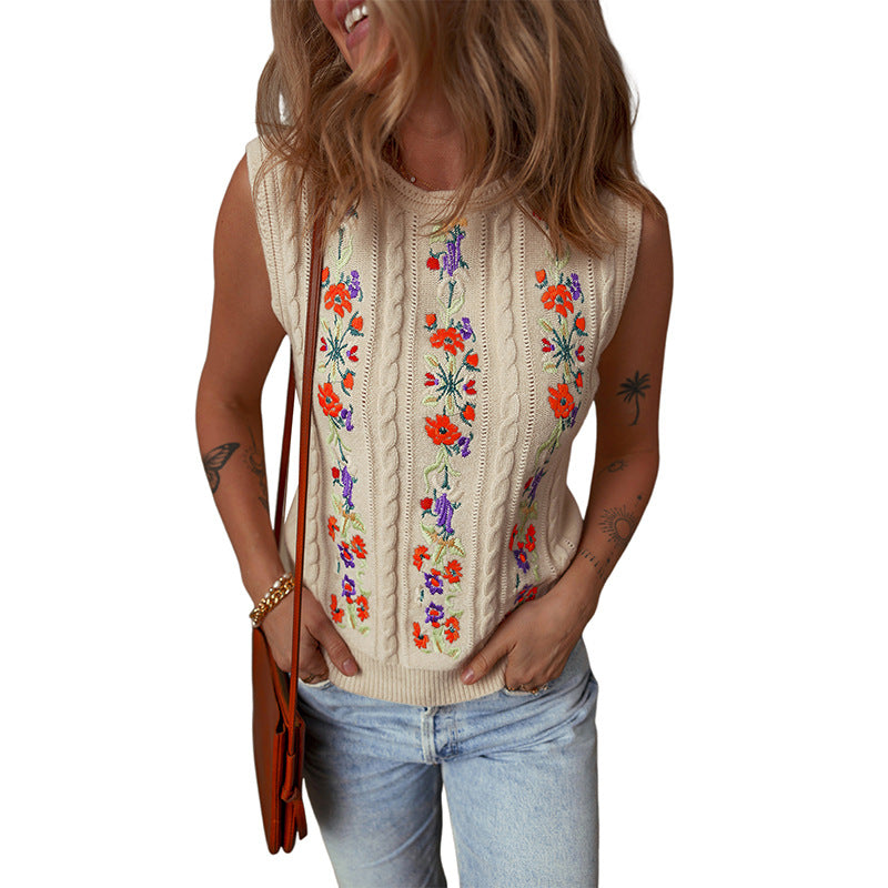 Fashion Floral Embroidered Knitted Vest For Women New Niche Retro Outerwear Sleeveless Top For Women