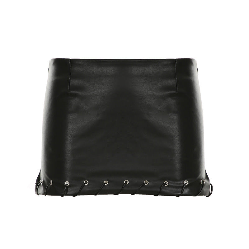 Punk Leather Suit Sexy Cutout Halterneck Vest Corns Lace up Vest Skirt Two Piece Sets Women