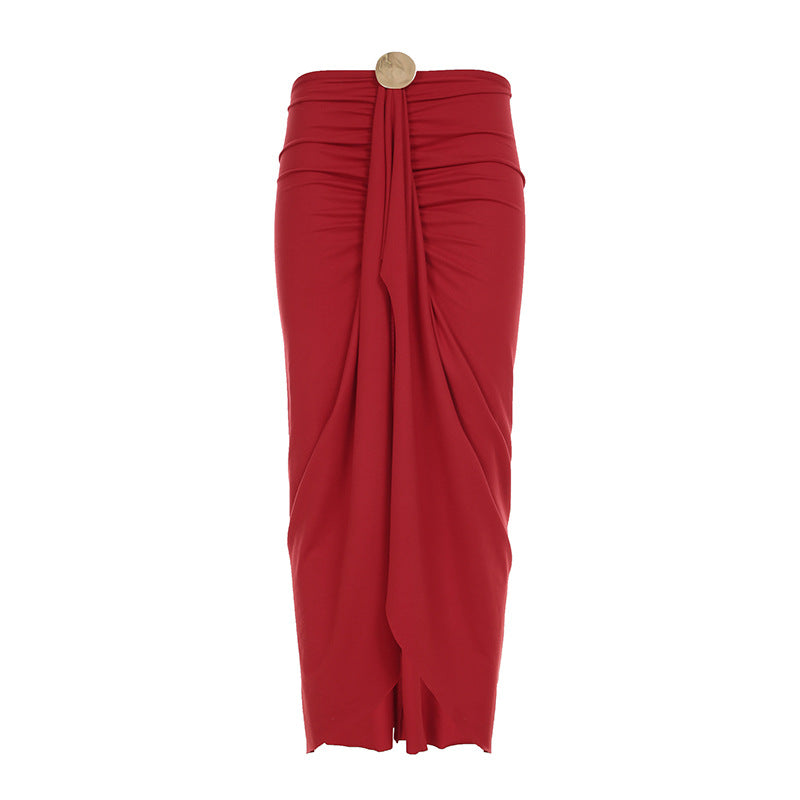 Graceful Women Metal Decorative Long Sleeved Jumpsuit Split Skirt Long Skirt Hollow Out Cutout out Cropped Two Piece Set