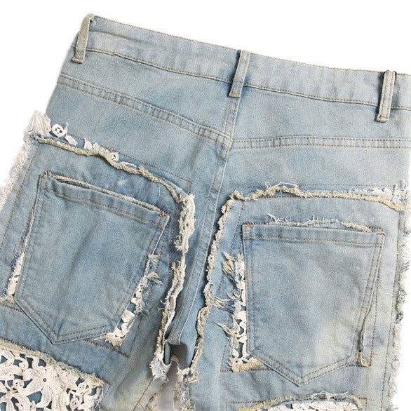 Slim-fit Straight Double-sided Embroidered Patch Youth Blue Men's Flared Jeans