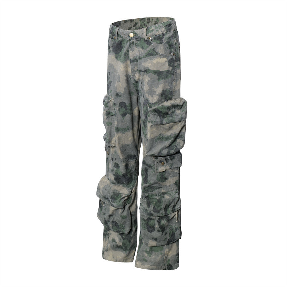 Dimensional Patch Pocket Wide Leg Tie-dye Camouflage Large Pocket Overalls Men