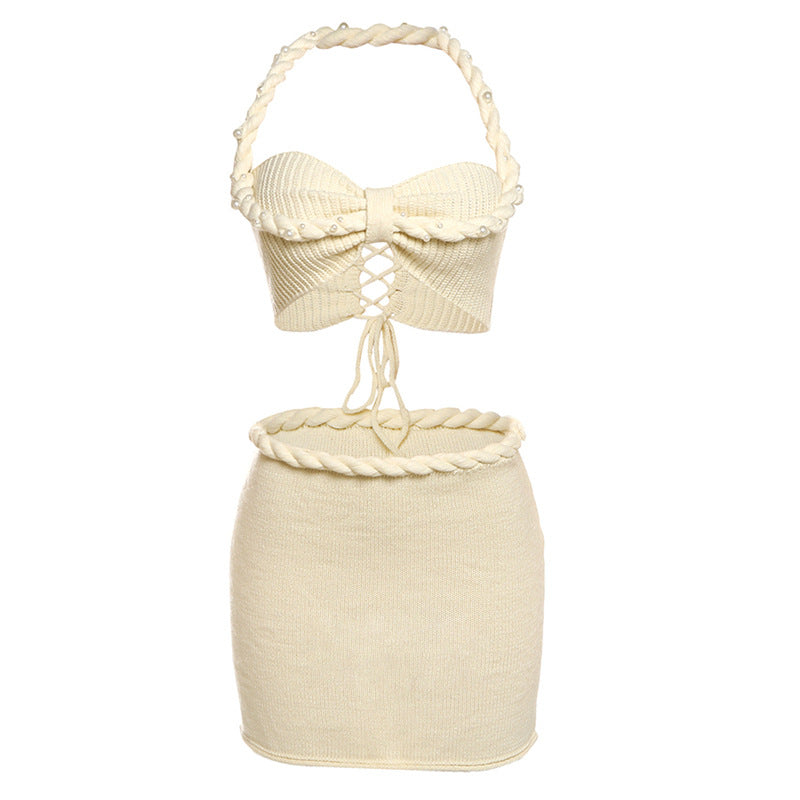 Spring Summer Women Clothing Sexy Halter Lace up Beaded Camisole Knitted Slim Fit Skirt Two Piece Sets