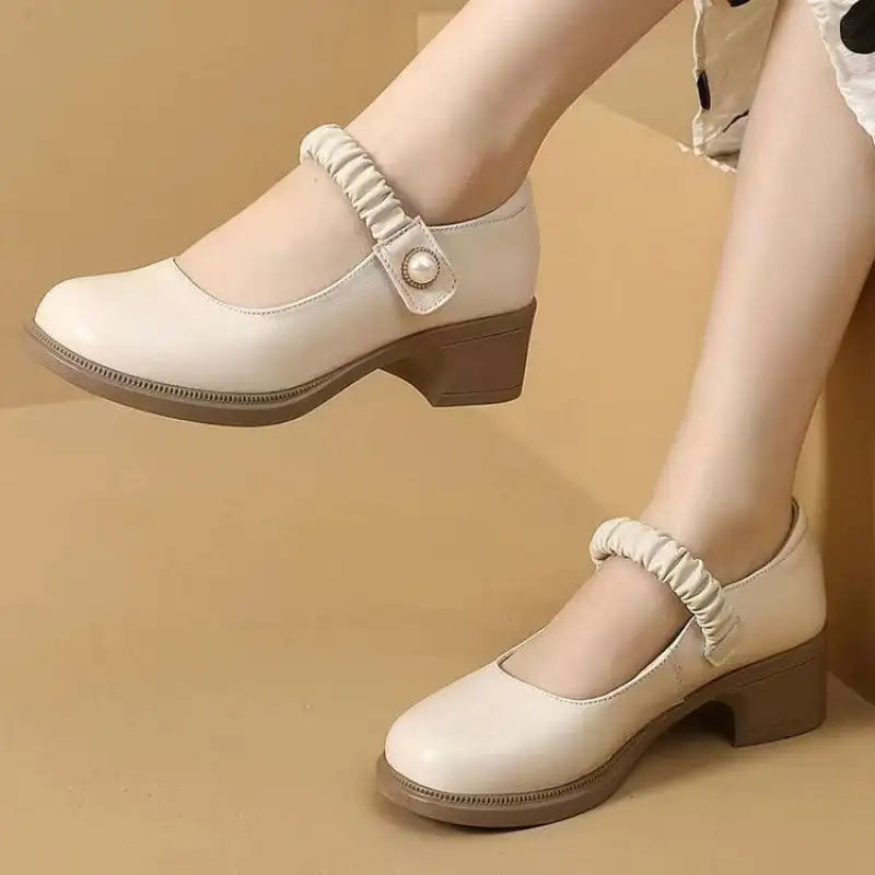 Mary Jane Leather Shoes Women's Pearl Japanese Style